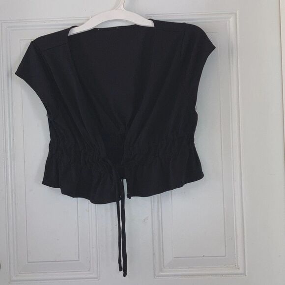 Crop Top Black Peplum Tie Front Babydoll Short Sleeve FOREVER 21 Womens Medium - Picture 4 of 10